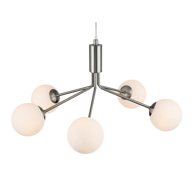 5 - Light Sputnik Chandelier, Opal White, Brushed Steel, Brushed Steel