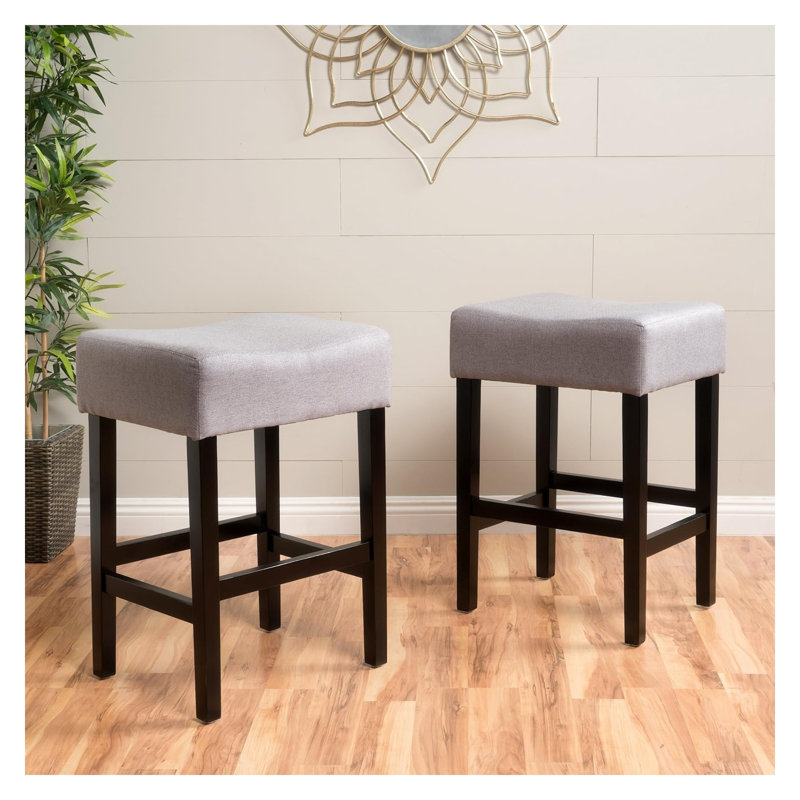 Ensemble de 2 tabourets à hauteur de comptoir sans dossier - Tabourets de bar rembourrés en tissu gris moderne avec pieds en bois massif pour îlot de cuisine et salle à manger