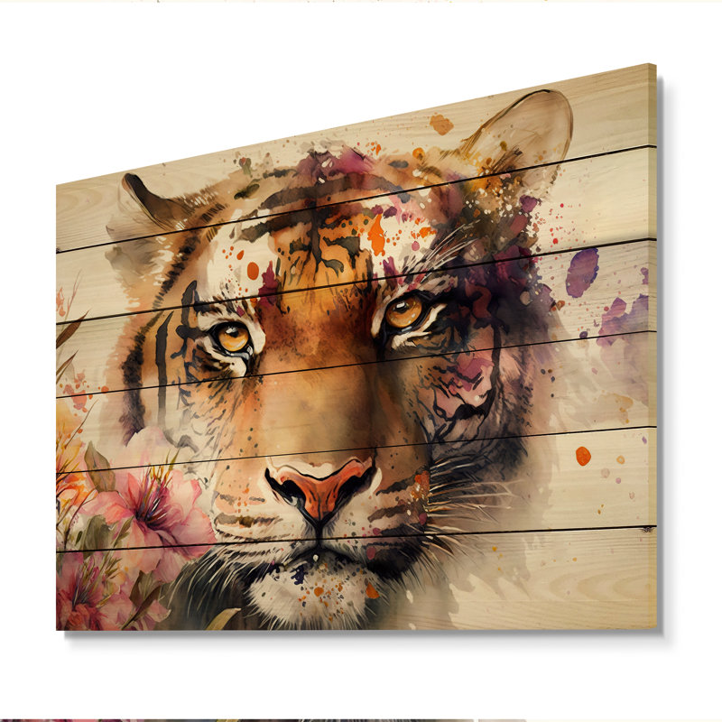Portrait de tigre irlandais avec fleurs I - impression sans cadre sur bois, H 30 po x l 40 po x P 1,5 po