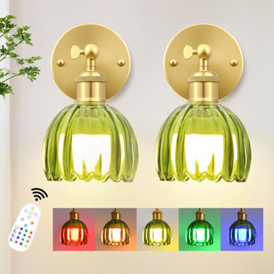 Battery Operated Wall Sconces With Remote, Rechargeable Wireless Wall Sconce With Tulip Glass Shade, RGB Dimmable Light (Set Of 2)