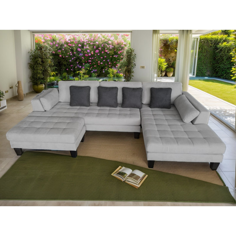 Canapé modulaire en microfibre avec repose-pieds Pritesh, Accoudoir à droite (vu de face), Microfibre/microsuède gris clair