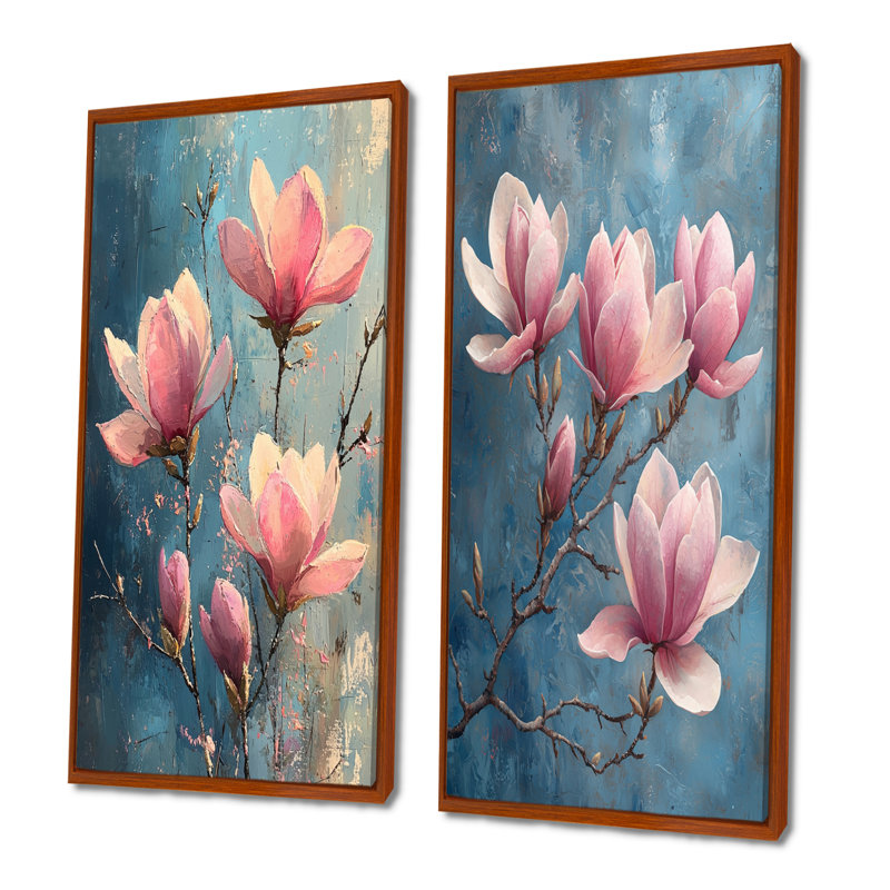 Magnolia en fleurs dans de doux pastels d'hiver impressionniste I - art mural floral 2 pièces, H 28 po x l 25 po