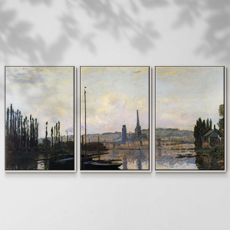 Vue de Rouen par Monet, 3 pièces, H 36 po x l 75 po x P 2 po, Blanc