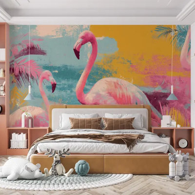 Colorful Flamingo Wall Mural, Tropical Pink Flamingo Wallpaper With Teal Yellow Background, Modern Boho Coastal Art For Living Room Bedroom Nursery