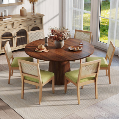 Ensemble de table de salle à manger ronde à piédestal avec 4 à 6 chaises à dossier en rotin, ensemble de table de salle à manger de style campagnard avec chaises rembourrées en chenille et pieds en bois massif pour 4 à 6