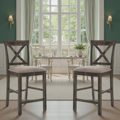 Contemporary Counter Height Chairs Set of 2 - Weathered Finish & Linen Upholstered X-Back
