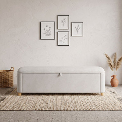 Velvet Upholstered Storage Ottoman Bench with Solid Rubberwood Legs and Hidden Storage