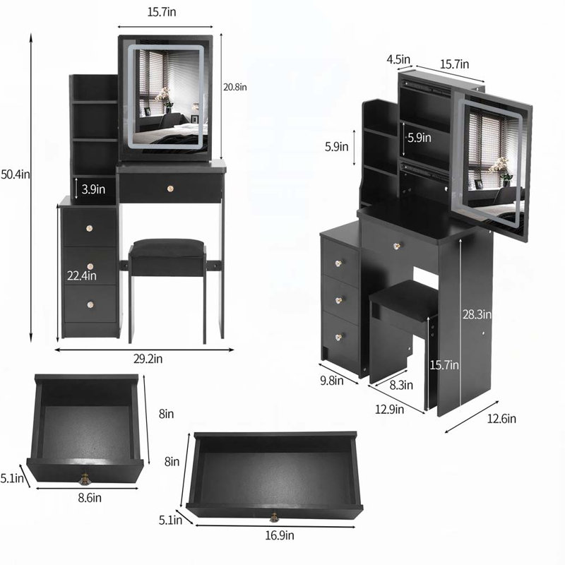 29.2" Small Size Left Bedside Cabinet Vanity Table + Cushioned Stool, Large Sliding, Touch Control, Tri-color Switching, Brightness Adjust LED Mirror, High Capacity Storage, Suitable for Small Space