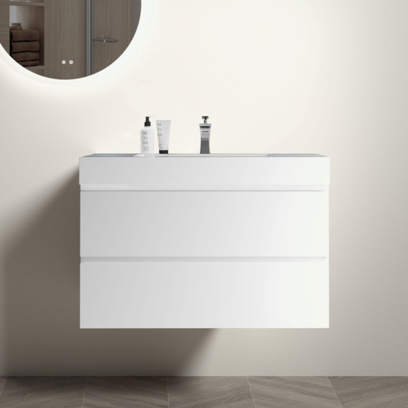 Lavabo intégré à surface solide sans drain ni robinet, Blanc, Blanc