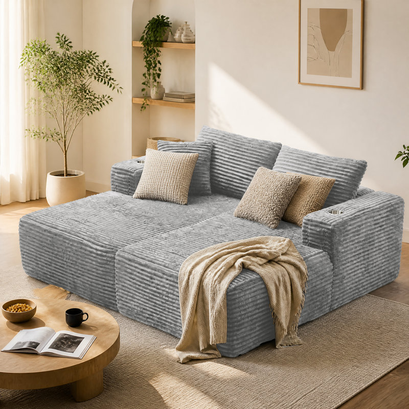  74" Modern Deep Seat Corduroy Sofa Bed Compression Lounge Couch with Oversized Cushions, Light Gray
