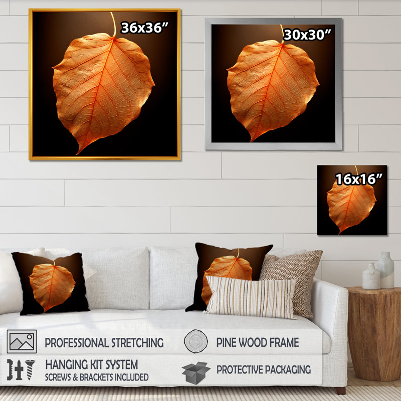 Feuillage tangerine orange érable translucide, H 16 po x l 16 po x P 1 po, Cadre simple argenté