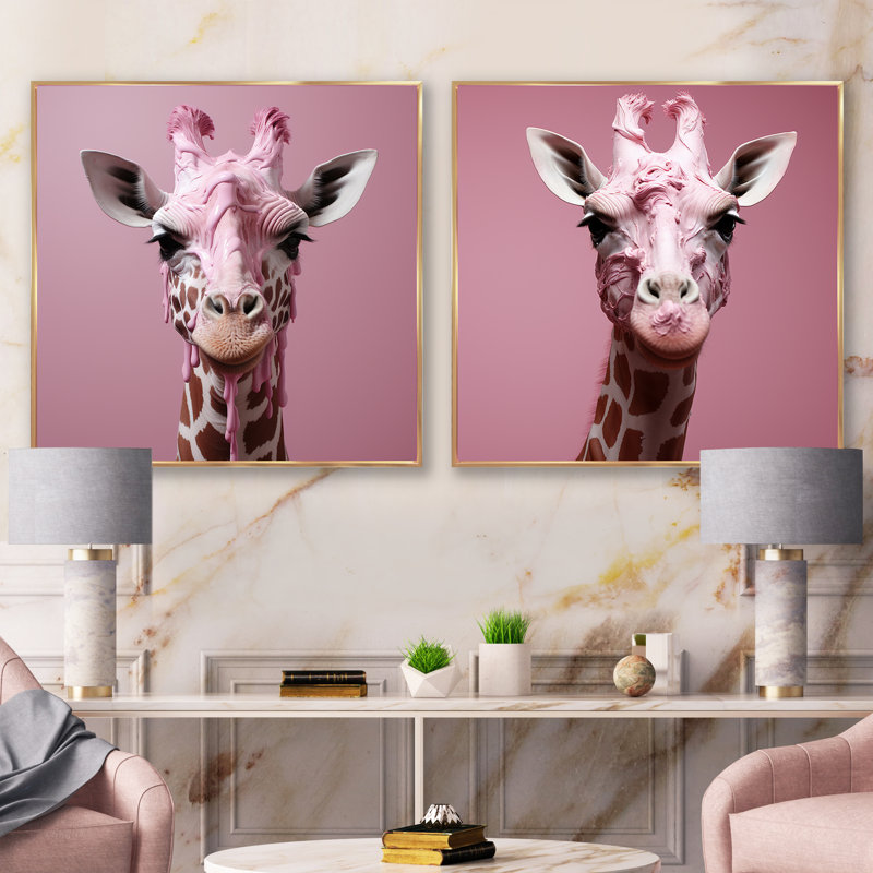 Girafe rose, position romantique, ensemble de 2 animaux, H 16 po x l 33 po, Cadre flottant doré