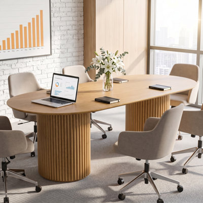 Table de conférence moderne 86 "avec bases à double piédestal, table de réunion en grain de bois naturel pour bureau ou salle à manger 86"