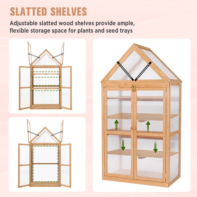 Natural Fir Wood Cold Frame Greenhouse with Adjustable Shelves