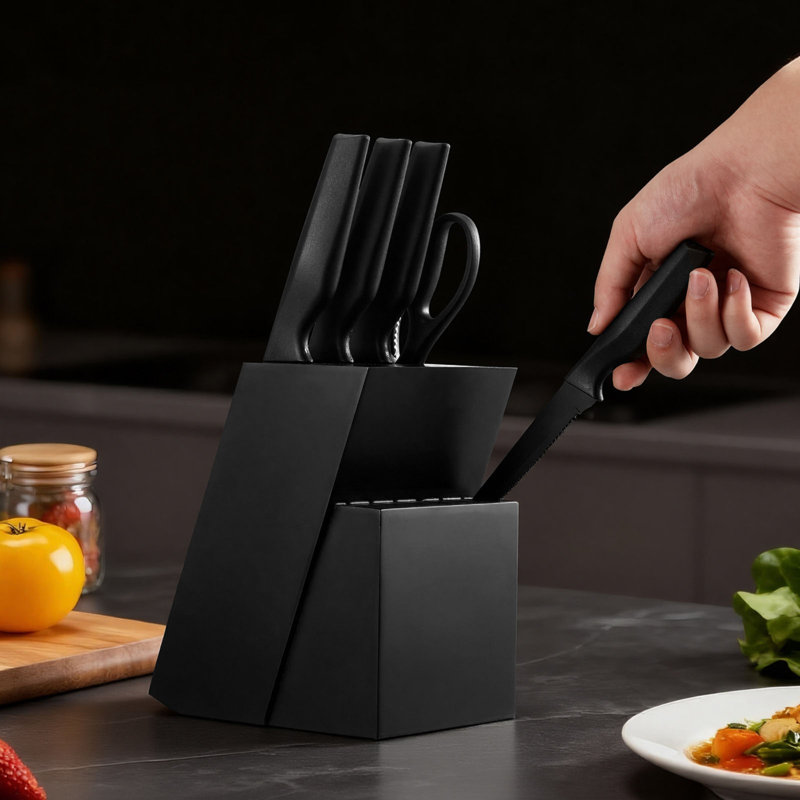 Ensemble de couteaux de cuisine avec bloc et aiguiseur, ensemble de couteaux allemand en acier inoxydable à haute teneur en carbone de 15 pièces, coutellerie de cuisine avec poignée ergonomique en PP, tige d'affûtage et bloc en bois, pour les cuisiniers amateurs