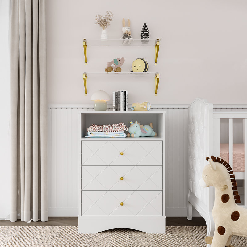 Commode 3 tiroirs avec tablette murale en acrylique