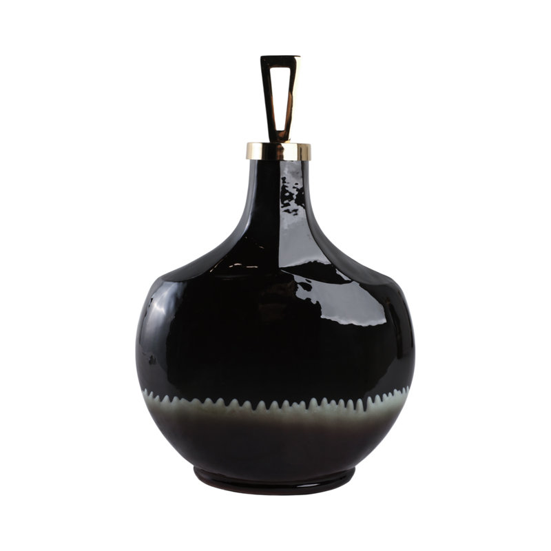 Elegant Round Glass Vase with Metal Handle Lid for Home Decor - Tall Table Vase Accent for Living Room Display & Flower Arrangement - Black & Gold