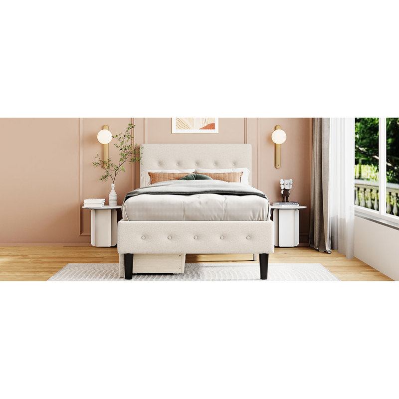 Lit simple tapissier beige avec 2 tiroirs - Strong & Style Design