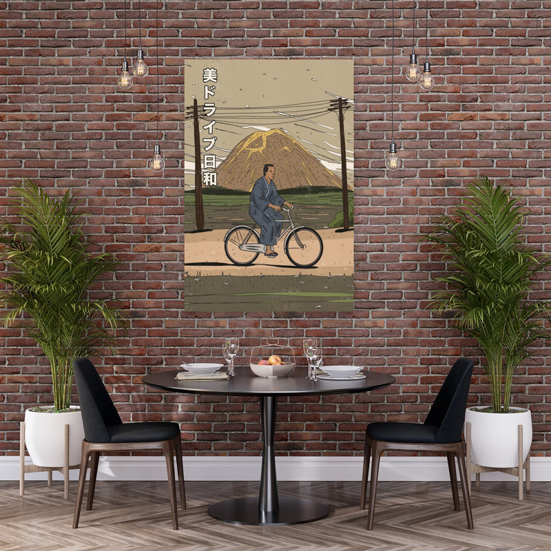 Mount Fuji Bike Ride Abstract Retro Traditional Landscape Nature Wall Art Print by Nicholas - Wrapped Canvas Print