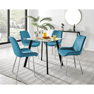 Scandinavian Style Glass and Metal Leg Square Dining Table Set - 4 Modern Velvet Dining Chairs