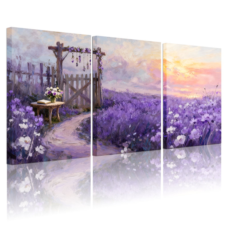 Assortiment de bouquets de fleurs de champ de lavande au coucher du soleil, ensemble de 3 toiles, 18" H x 36" W