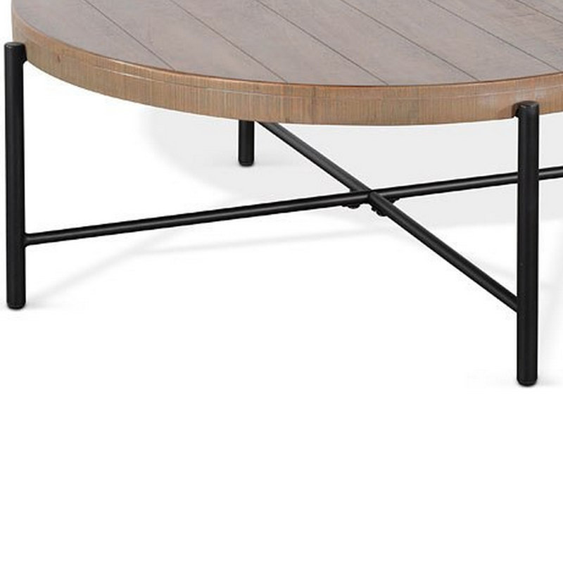 Table basse Reena, acajou brun clair, métal noir, ronde 39 po