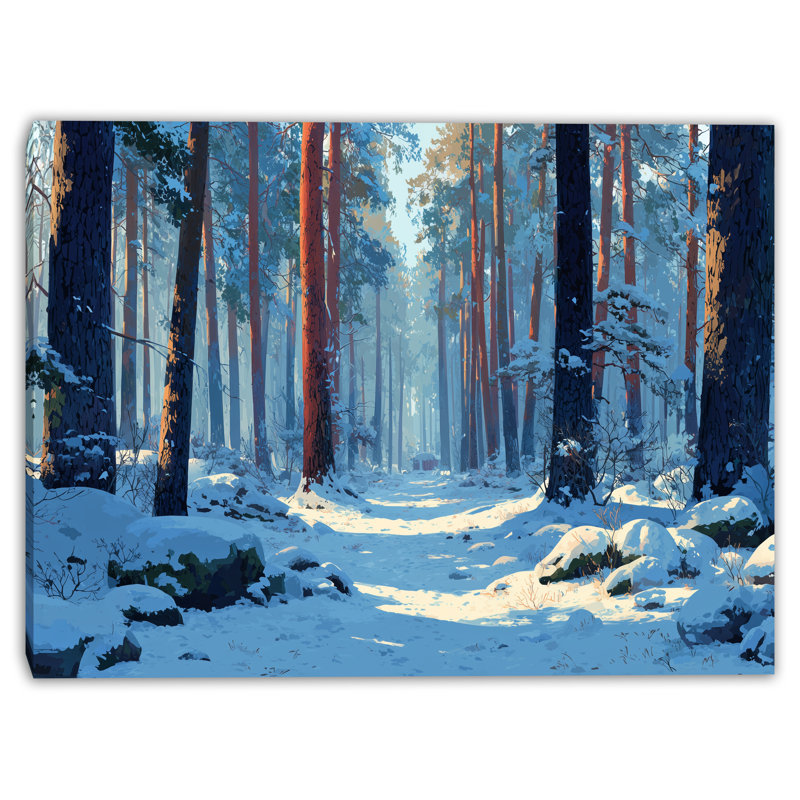 Art mural sur toile Sunlit Snow Forest Trail, H 24 po x l 36 po