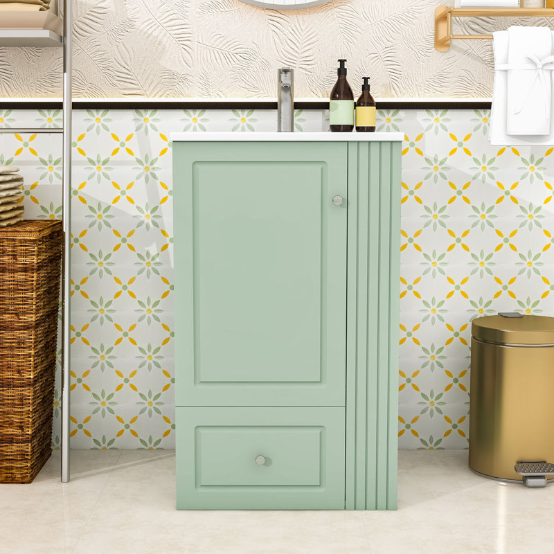 Compact Freestanding Vanity with Sink, Drawer and Open Shelves, Green