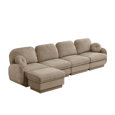 137" Light Coffee Oversized Chenille L-Shaped Sectional Sofa with Movable Ottoman & Throw Pillows