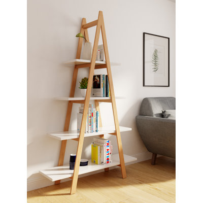 Abacus Universal Expert 4-Tier Ladder Shelf Bookcase, Leaning Free Stand Wood Bookshelf Frame Storage Rack, Display Shelf for Home Office, Oak and White
