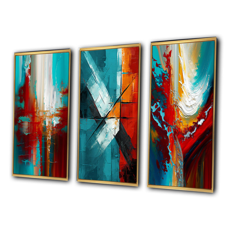 «Rhythmic Abstract Teal Awakening», 3 pièces sur toile, Encadrement doré, H 32 po x l 48 po