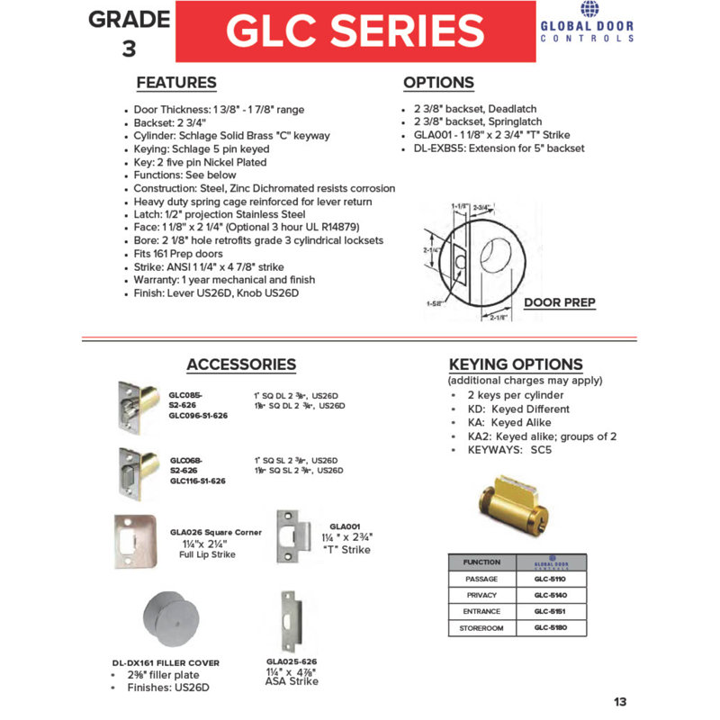 GLC Series Brushed Chrome Grade 3 Commercial/Residential Storeroom Door Handle with Lock
