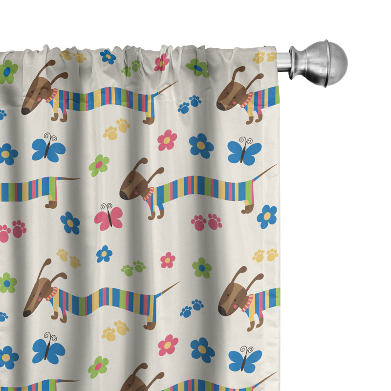 Dog Lover Window Curtains, Wiener Dog Cartoon Dachshund Puppy with Striped Pajamas Flowers and Butterflies, Lightweight Decorative Panels Multicolor Semi-Sheer Rod Pocket Sliding Panel (Set of 2)