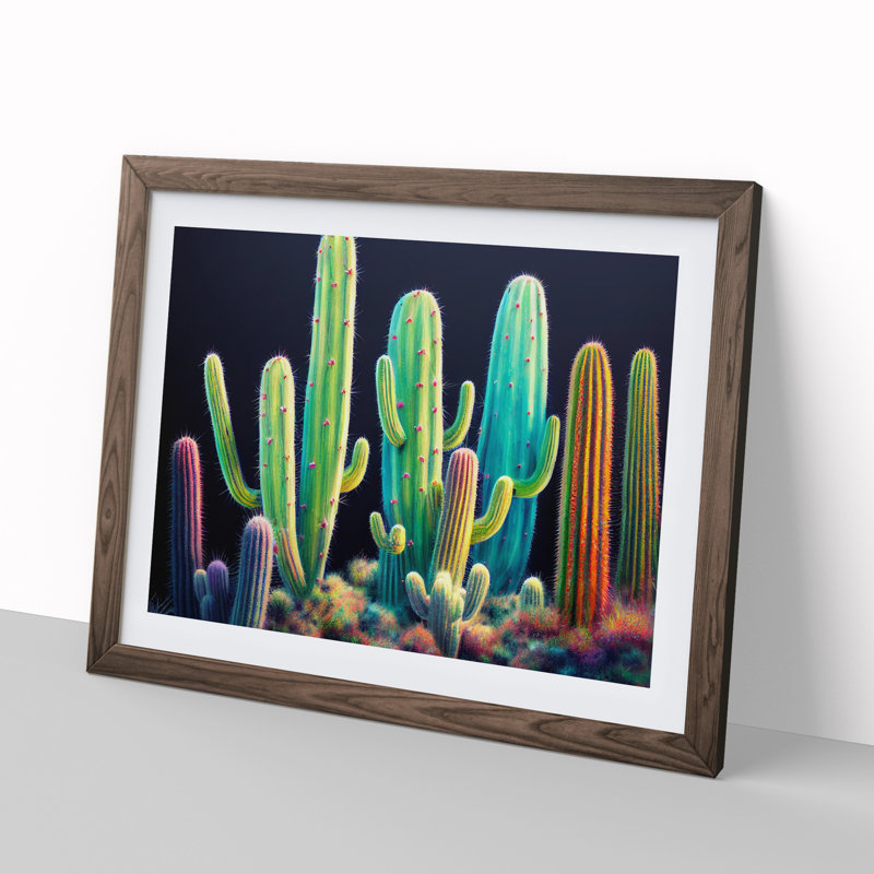 Colourful Cactus - Single Picture Frame Print, 46cm H x 64cm W x 2cm D, Walnut