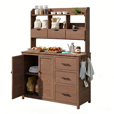 Banc de patio durable avec 6 tiroirs, une armoire inférieure et des crochets latéraux pour le jardinage et la cuisine extérieure
