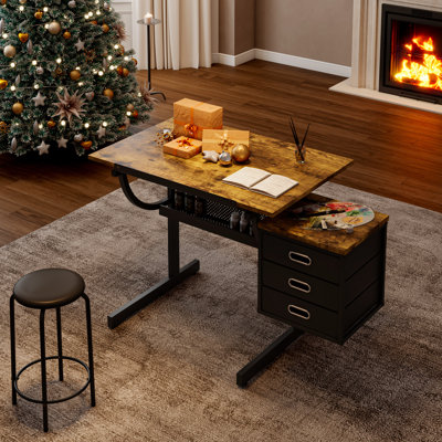 Powder-Coated Metal Black Drafting Table With Stool And Painting Tools Tray Hanging Drawers For Craft Projects