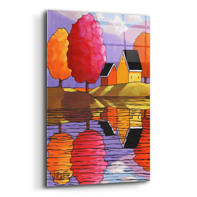 Montagnes mauves, arbres et chalets colorés par Cathy Horvath-Buchanan - impression sans cadre