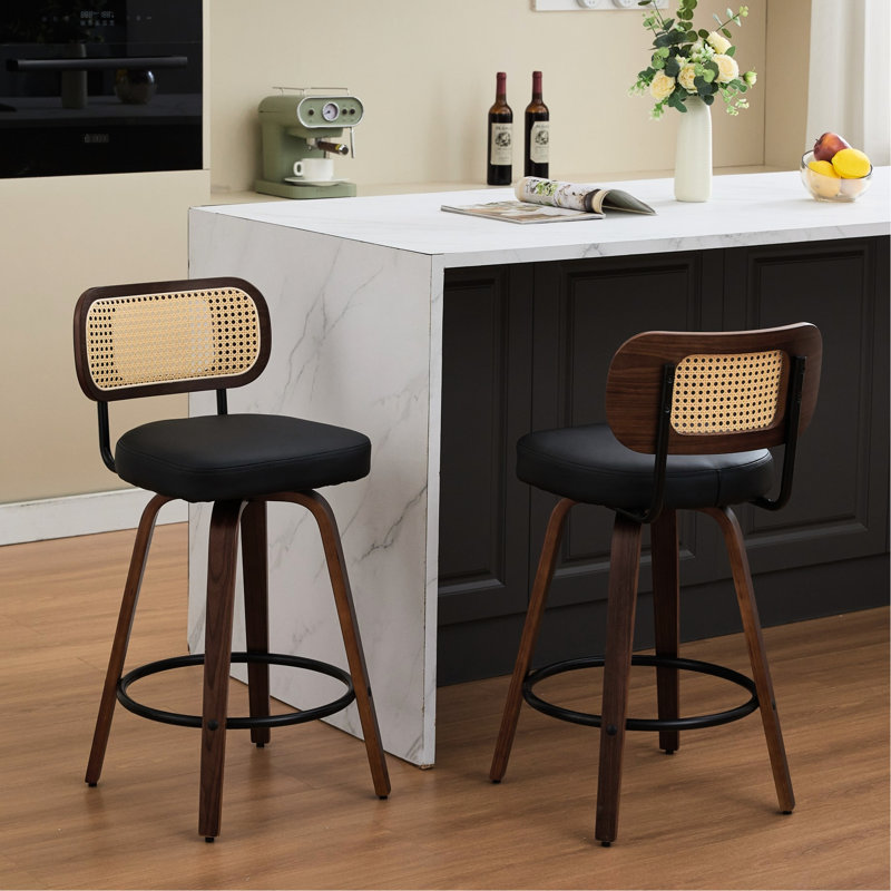 Of 2 American Design Wing Back Bar Stools With 360 Swivel, Ergonomic Cane Back, Upholstered Seat, Wooden Legs, Walnut Wood Construction For Island/Kitchen/Counter/Bar Walnut Black - Ventilated