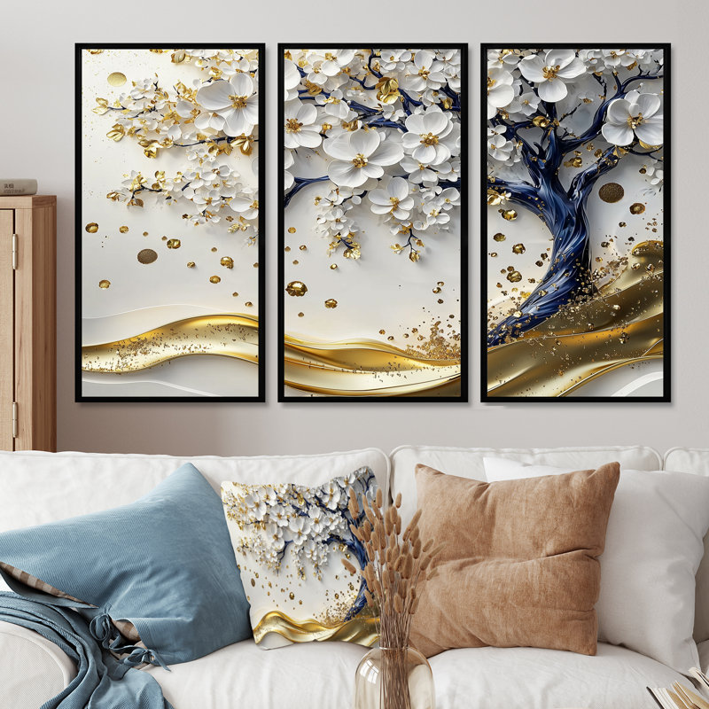 Ensemble de décorations murales fleurs de cerisier blanches et bleues, H 28 po x l 36 po x P 1 po