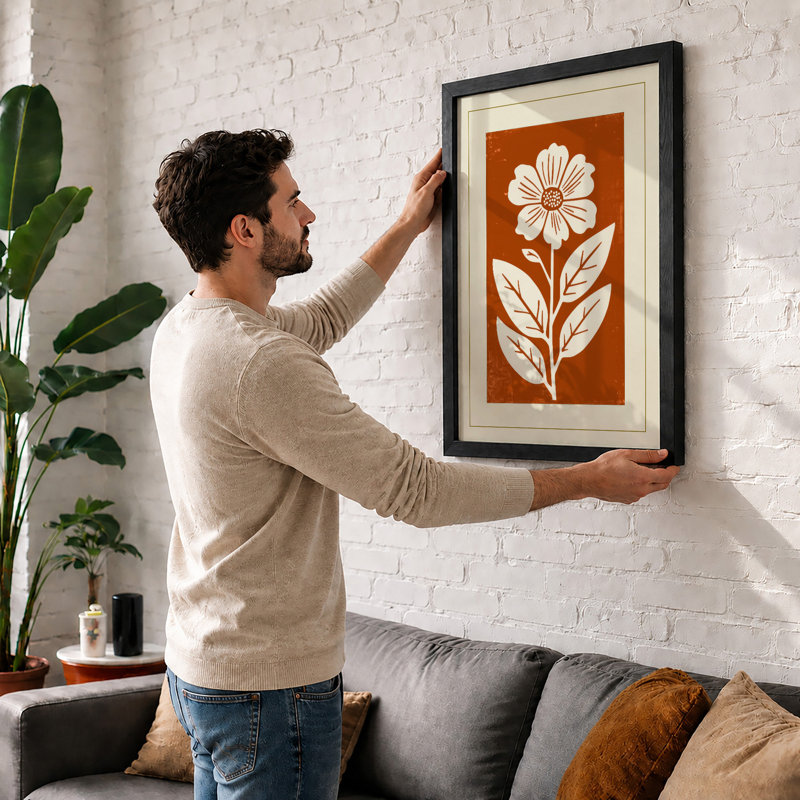 Daisy Linocut Botanical - Framed Print, Walnut, A4 - 29.7 x 21.0 cm