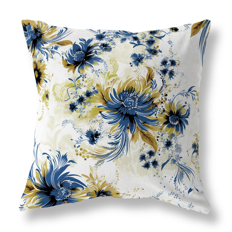Coussin décoratif intérieur / extérieur à motif floral Delightful Wildflowers, Bleu / blanc / or floral, H 18 po x l 18 po
