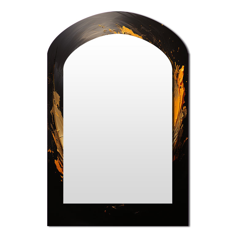 Spiral Vintage Gold Painting On Black IV - Abstract Spirals Arch Wall Mirror, Gold Asymmetrical Decorative Mirror, Printed Metal Art