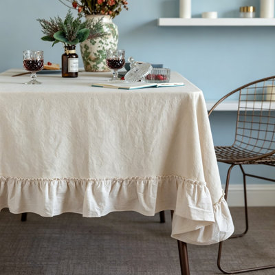 White Retro Farmhouse Ruffle Flounce Cotton Tablecloth , Washable Rectangular Table Cover For Baby Shower, Kitchen Party & Wedding Table Decoration