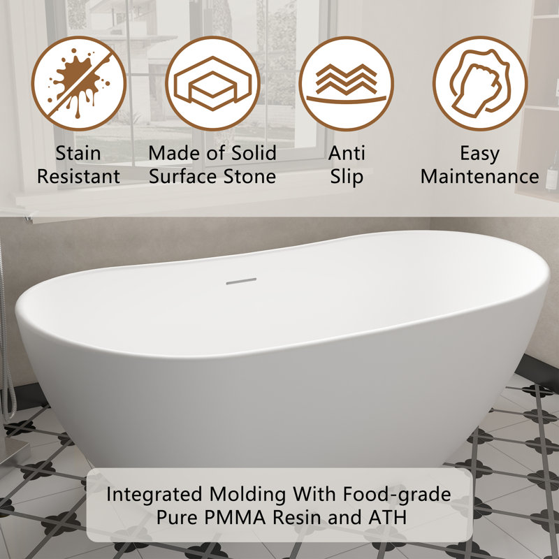 65'' White Solid Surface Freestanding Soaking Bathtub
