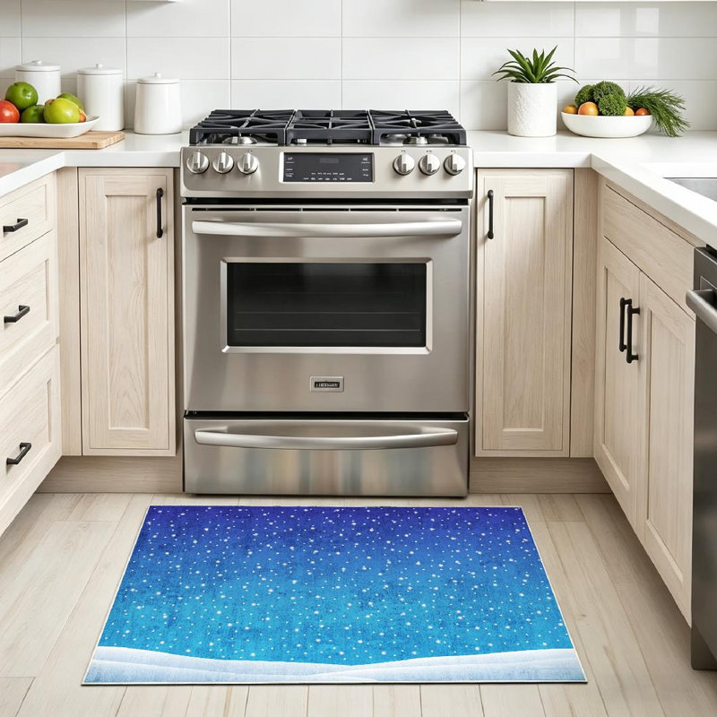 Tapis bleu caricature lavable à la machine, paysage d'hiver avec neige, Rectangle 32" x 47"