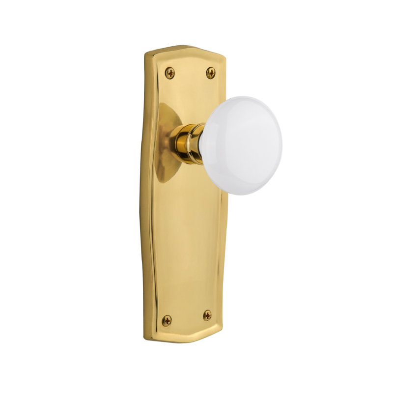 Prairie Plate with White Porcelain Door Knob, 2-3/4”, Polished Brass