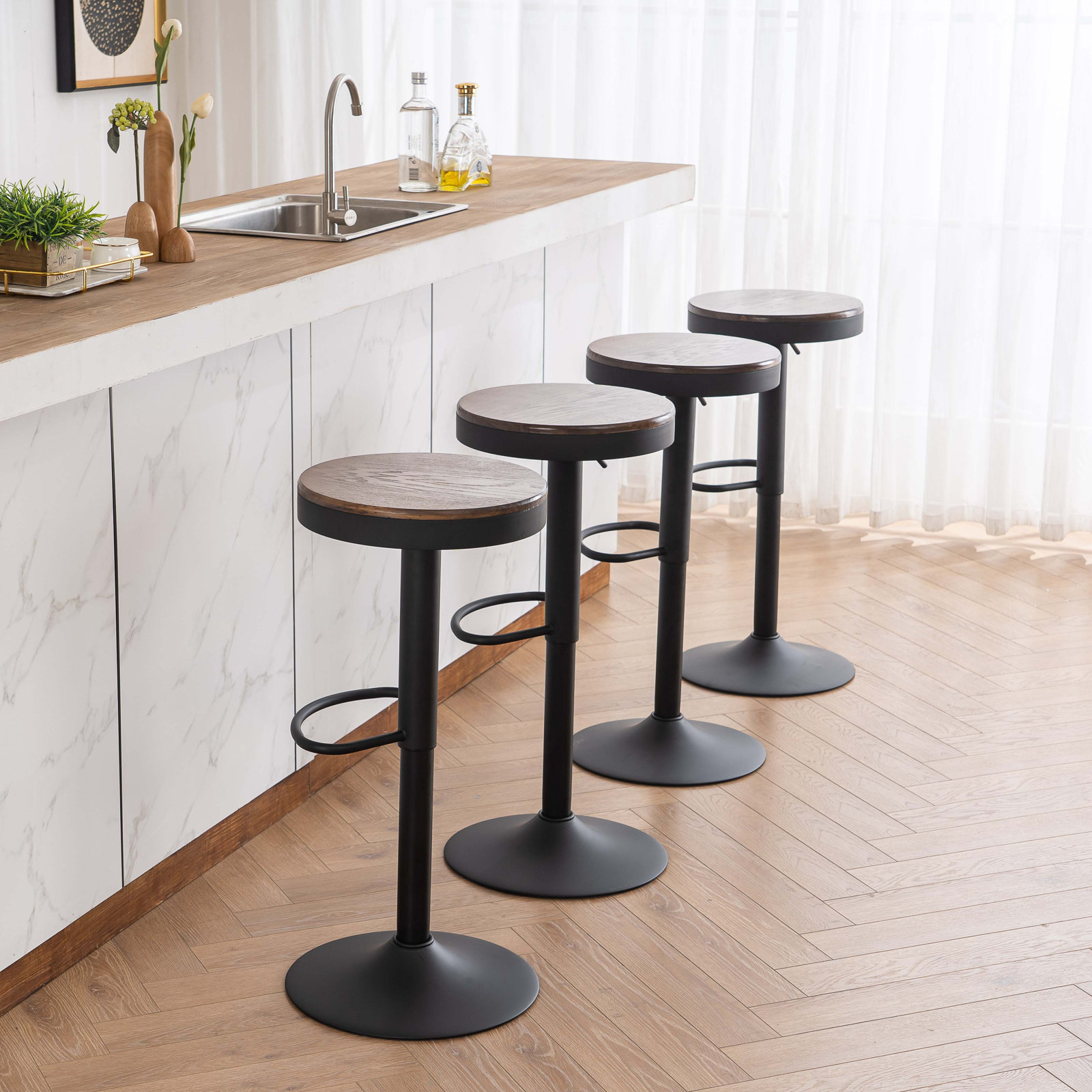 Jaina " Adjustable Bar Stool, Walnut/Black, 2