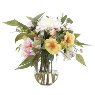 Rose Peony, Pink Yellow, Glass Vase, 20wx19dx16h