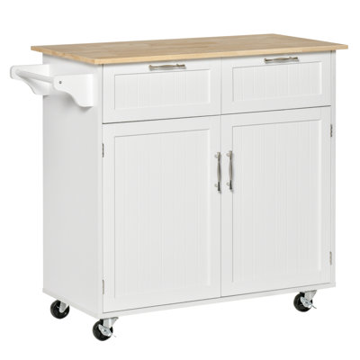 Îlot de cuisine sur roulettes de 41 po avec chariot en bois d'hévéa avec plateau en bois d'hévéa et tiroirs, blanc