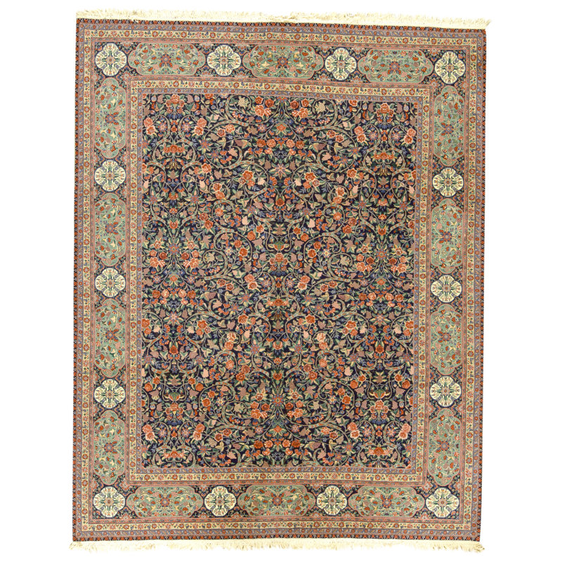 Tapis bleu marine et vert clair de haute qualité noué à la main